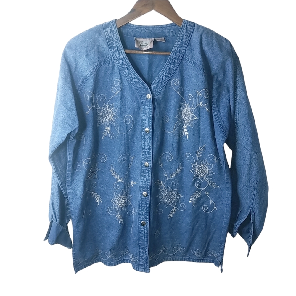 Premier Intl L Chambray Silver Embellished Shacket Top